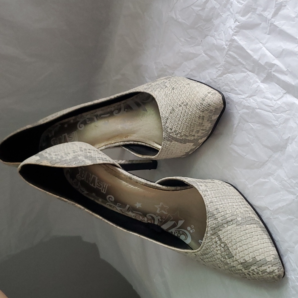White, Light grey, and silver pointed toe heels with textured snake skin…